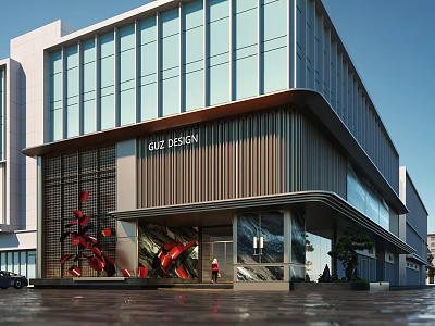 Modern Storefront Façade with Glass Curtain Walls Metal Cladding Red Sculpture and GAB DESIGN Signage 3d model