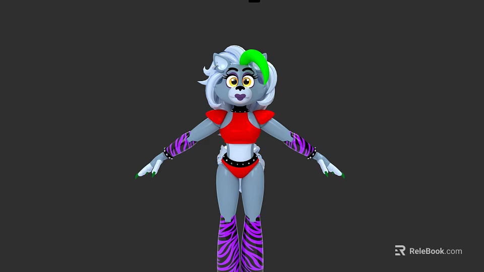 Cartoon Character With Gray Body White Green Hair Red Top And Purple Striped Boots 3d model 