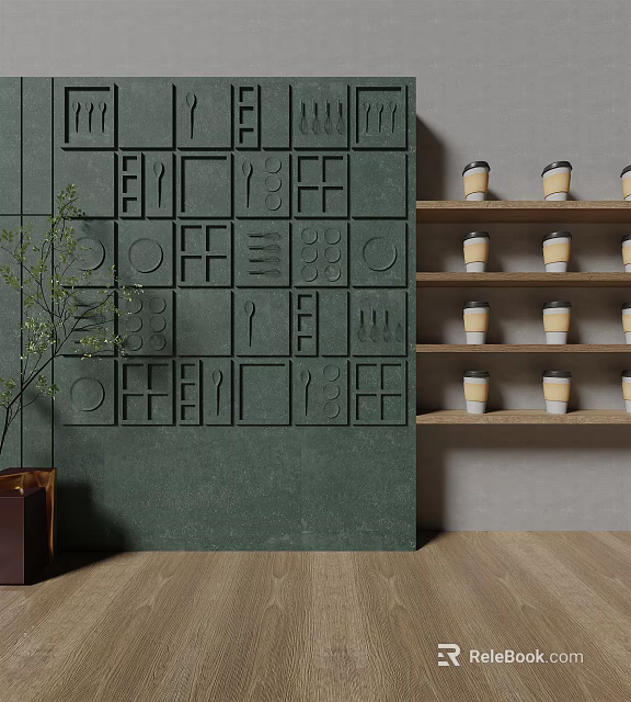 Green Textured Background Wall With Geometric Patterns Potted Plant And Candle Jars 3d model 