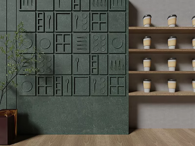 Green Textured Background Wall With Geometric Patterns Potted Plant And Candle Jars 3d model