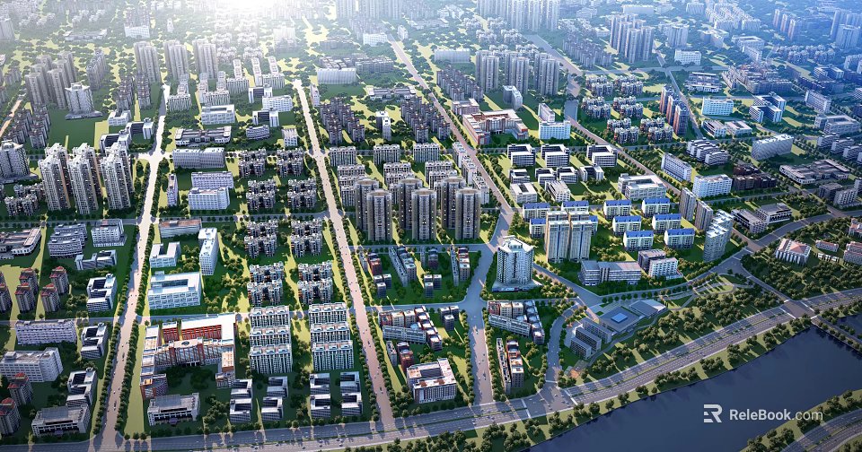 Aerial View Planning of Modern Urban City With Residential Buildings Green Spaces and Road Networks 3d model 