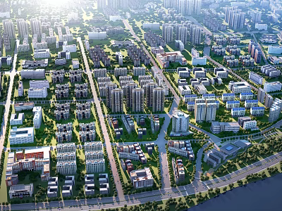 Aerial View Planning of Modern Urban City With Residential Buildings Green Spaces and Road Networks 3d model