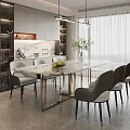 Modern Dining Table With Marble Top Gold Frame Chairs Hanging Lights In Open Kitchen 3d model