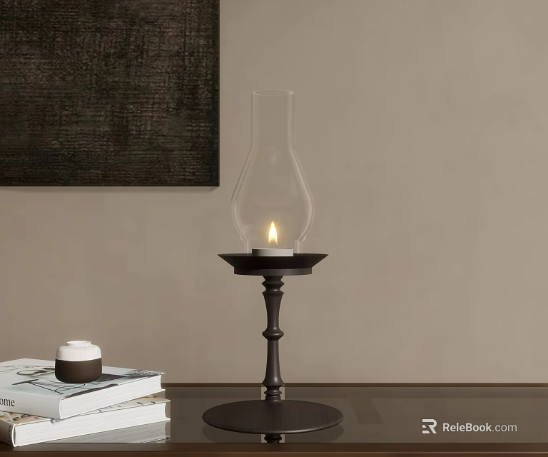 Candle Lamp With Lit Candle Glass Shade And Metal Base For Home Decor 3d model 