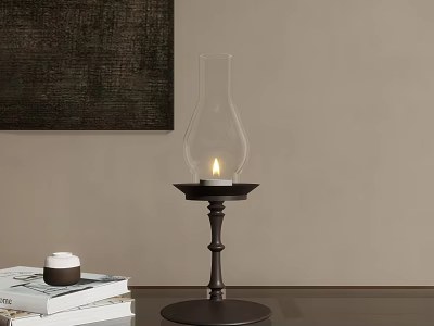 Candle Lamp With Lit Candle Glass Shade And Metal Base For Home Decor 3d model