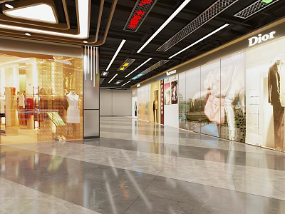 Modern Department Store Corridor With Dior Display Windows Brand Posters Marble Floor And Lighting Design 3d model