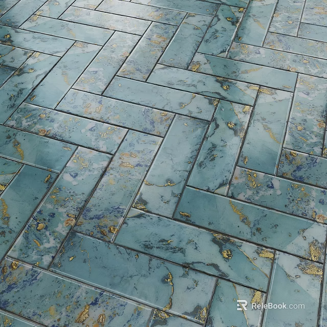 Decorative Teal Floor Tiles With Golden Specks In Herringbone Pattern Design 3d model