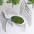 Metal Curved Pergola Structure With Circular Grass Lawn And Surrounding Trees