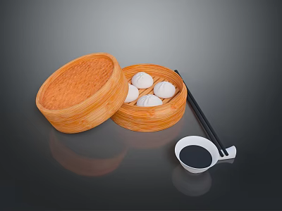 Steamed Buns In Bamboo Steamer With Chopsticks And Soy Sauce Dish 3d model
