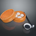 Steamed Buns In Bamboo Steamer With Chopsticks And Soy Sauce Dish