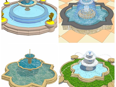 Various Fountain Designs With Circular Petal Shaped Structures And Decorative Elements 3d model