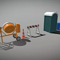 Construction Site Featuring Portable Toilet Concrete Mixer Traffic Cone Barricade And Red Ladder