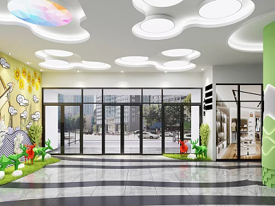 Bright Storefront Reception Area With Cloud Shaped Lights Yellow Cartoon Walls And Black White Tiles 3d model