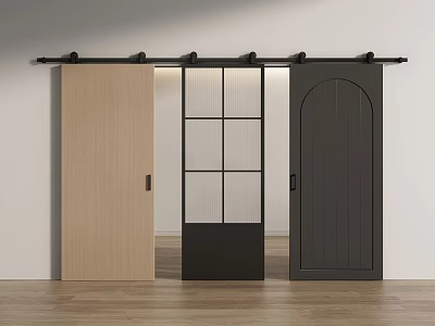 Stylish Barn Doors with Wooden and Glass Panel Light and Dark Finishes on Sliding Track 3d model