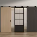 Stylish Barn Doors with Wooden and Glass Panel Light and Dark Finishes on Sliding Track