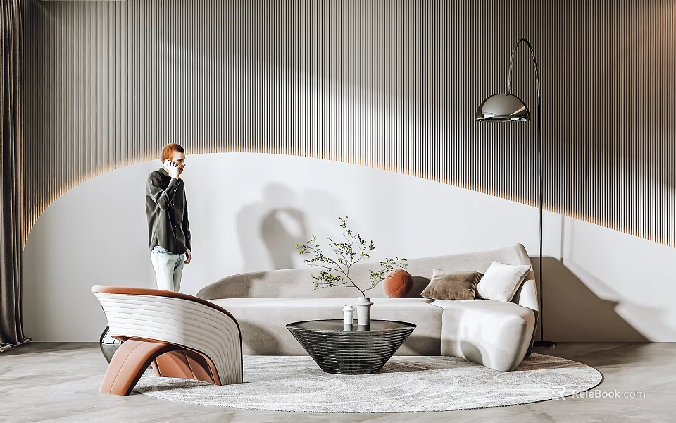 Modern Sofa and Coffee Table Set with Stripe Wall Floor Lamp Green Plant and Rug 3d model 