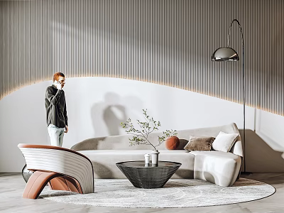 Modern Sofa and Coffee Table Set with Stripe Wall Floor Lamp Green Plant and Rug 3d model