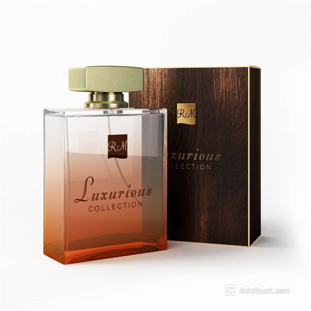 Luxurious Perfume Collection With Transparent Bottle Orange Gradient Golden Cap And Brown Packaging Box 3d model 
