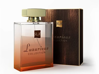 Luxurious Perfume Collection With Transparent Bottle Orange Gradient Golden Cap And Brown Packaging Box 3d model