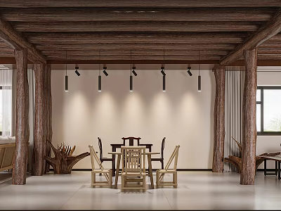 Wooden Structure Hall Interior With Pillars Hanging Lights Tables Chairs And White Floor 3d model