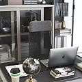 Modern Office Desk With Laptop Globe Lamp Books And Storage Cabinet
