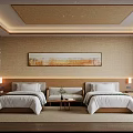 Minimalist Hotel Guest Room With Twin Beds Decorative Painting And Natural Materials