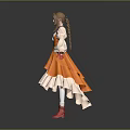 Brown Haired Woman In Orange Dress With White Sleeves Red Gloves And Red Shoes