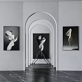Modern Interior With White Walls Black White Artworks Arched Doorway Black Sculpture Dark Marble Floor