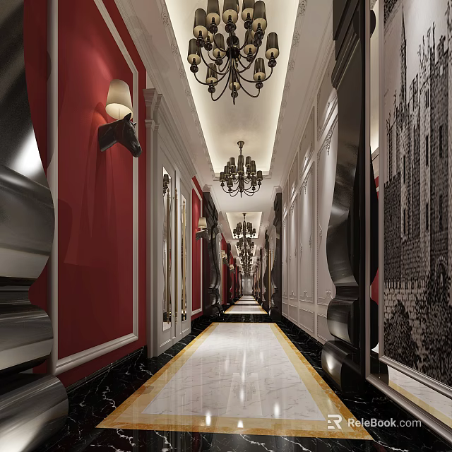 Elevator Hallway With Red Walls White Trim Chandeliers And Marble Floor 3d model 