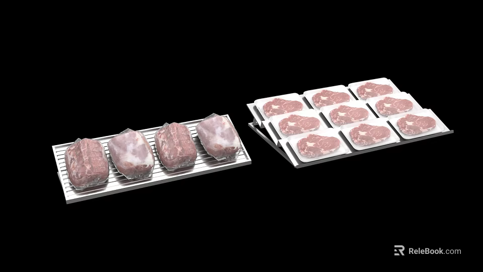 Fresh Raw Meat Pieces Packaged in White Trays for Display and Sale 3d model 