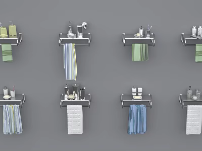 Stylish Bathroom Accessories Wall Mounted Shelves With Towels And Toiletries Various Designs 3d model