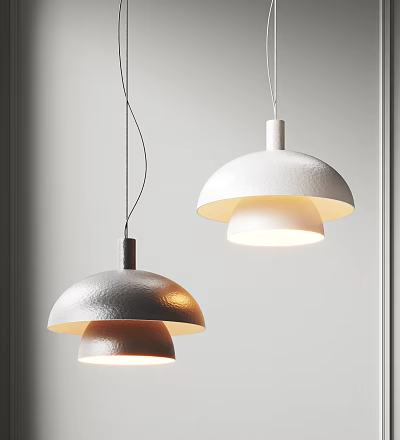 Two Modern Pendant Lights With Layered Dome Shades Textured Warm Light Interior 3d model