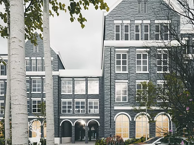 Gray Brick Office Building With Arched Doorways Multiple Windows And Surrounding Greenery 3d model
