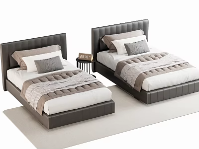 Pair of Modern Single Beds With Dark Headboard White Sheets Gray Pillows And Striped Blanket 3d model