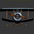 Cartoon Biplane With Blue Wings Wooden Propeller On Green Grass With Small Flowers