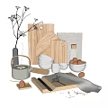 Natural Wooden Kitchen Utensils With Cutting Boards Bowls And Ceramic Kettle