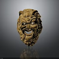 Wooden Mythical Mask With Horns Curly Hair And Grinning Expression Artwork