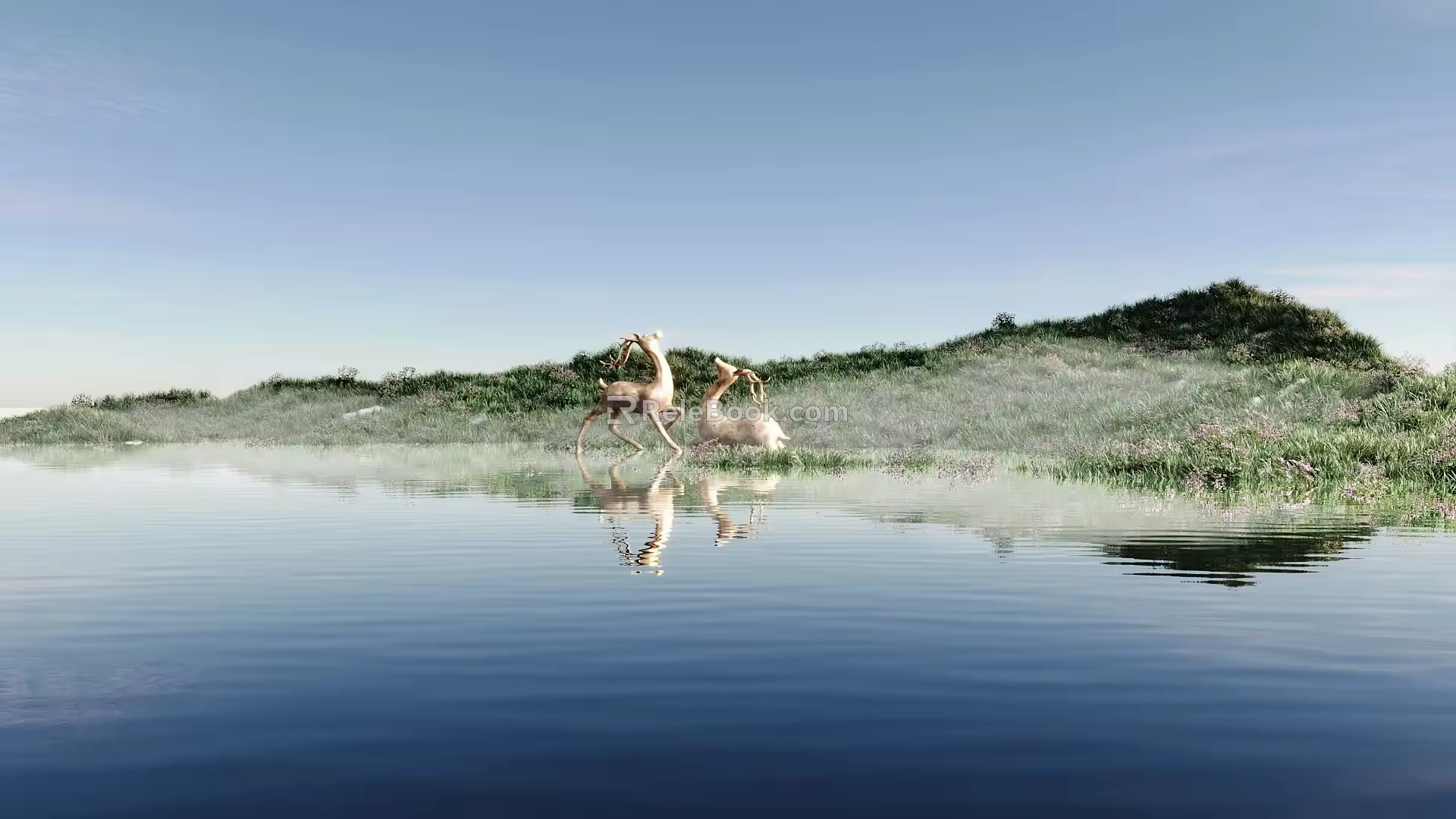 Smoke envelops lake lawn scenery 3d model
