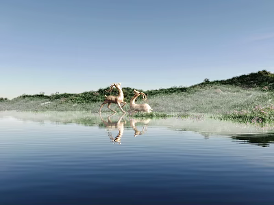 Scenic Lake With Two Deer And Reflections On Calm Water Green Grassland Hills Blue Sky 3d model
