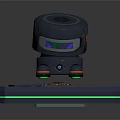 Metallic Robot With Dome Head On Blue Platform Featuring Orange Stripes And Dirt Pile