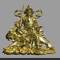 Golden Traditional Figure Sculpture Carving Riding Tiger With Staff And Intricate Details