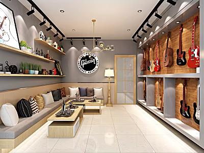 Modern Music Theme Interior Lounge With Guitars On Shelves And Comfortable Sofa 3d model