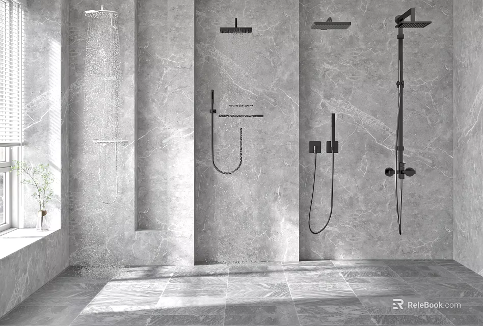 Modern Shower Sauna Bathroom Interior With Marble Walls And Multiple Shower Heads Handheld Sprayers 3d model