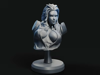 Detailed Game Character 3D Model Female Bust With Long Hair Zipper Jacket And Circular Base 3d model