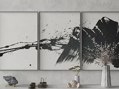 Black And White Triptych Wall Art With Decorative Vase Tea Set And Stones 3d model