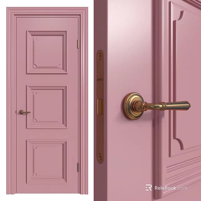 Elegant Pink Interior Door With Gold Handle Lock And Panel Design 3d model 