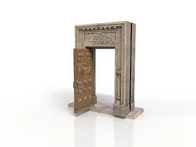 Classical Stone Architectural Entrance With Carved Wooden Door And Decorative Frame Elements 3d model