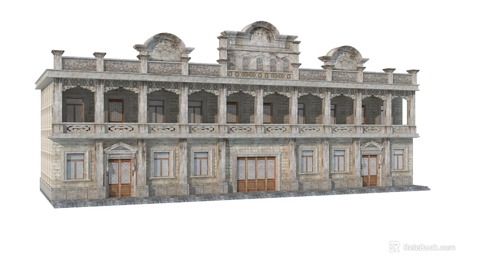 Historic Commercial Complex With Classical Stone Facade Arched Windows And Balconies 3d model