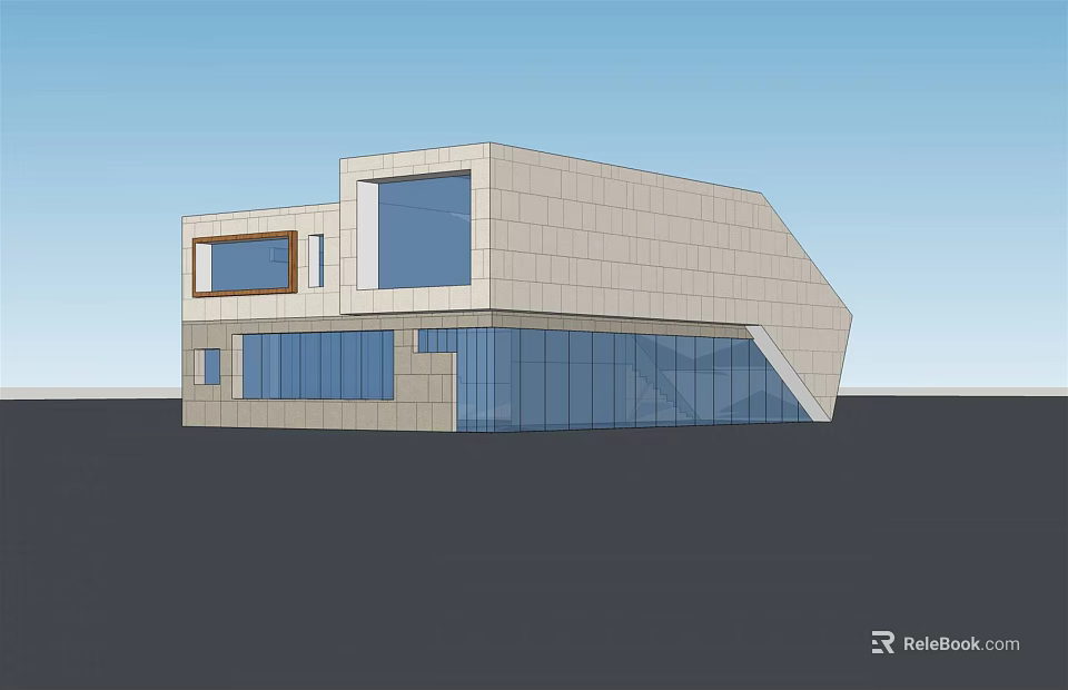 Modern Single Family House Exterior Design With Large Glass Windows And Geometric Facade 3d model 