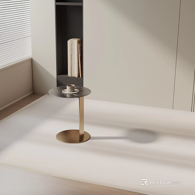 Modern Side Table With Gold Metal Base Round Top And Coffee Cup In Room Corner 3d model 